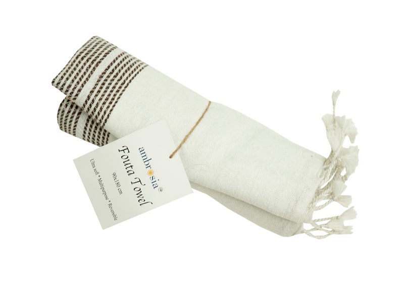 Ambrosia منشفة فوطا تركية مخططة من بولي قطن 90x180 سم باللون البني والأبيض الكريمي، خفيفة الوزن وسريعة الجفاف، مثالية للشاطئ والاستحمام والسفر والنزهات مع حواف مربوطة يدويًا. - Image 3